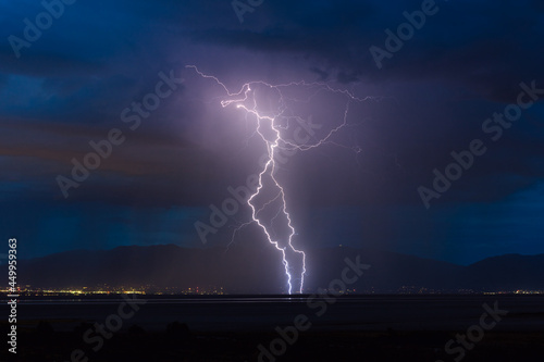 Thunderstorm with lightning bolts over Salt Lake City, Utah