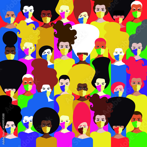 For Global Health - Coronavirus - COVID-19 - Pandemic -  women with masks in a colorful pattern background