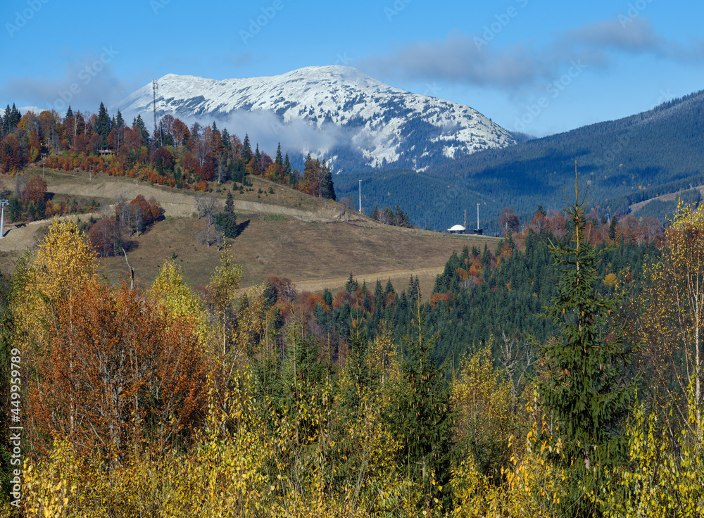 Late autumn mountain scene. Picturesque traveling, seasonal, nature and countryside beauty concept scene. Carpathians, Ukraine.