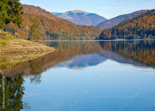 Vilshany water reservoir on the Tereblya river  Transcarpathia  Ukraine. Picturesque lake with clouds reflection. Beautiful autumn day in Carpathian Mountains.