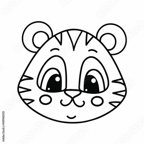 Cute cartoon baby tiger smiles. Vector illustration isolated on white.