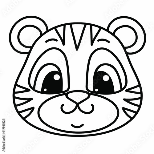 Cute cartoon baby tiger smiles. Vector illustration isolated on white.