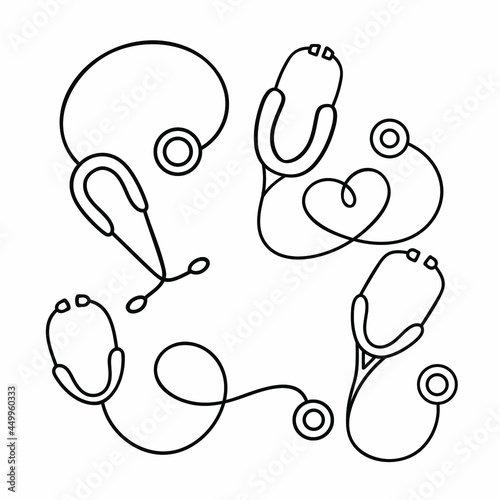 Stethoscopes outline illustration. Heartbeat logo in outline style. Vector illustration isolated on white.