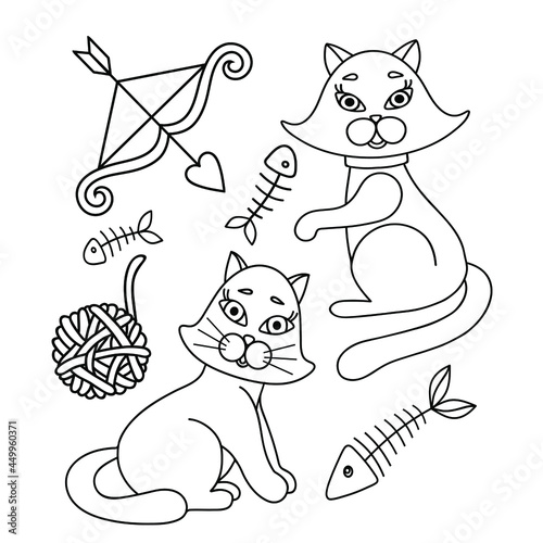 Cute cats, eaten fish, bow and ball toy. Cats in different poses. Suitable for posters and postcards. Vector illustration isolated on white.