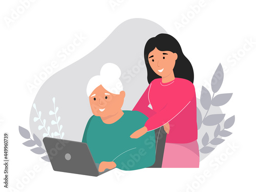 An elderly woman, a pensioner, a senora is learning to work on a computer. Daughter, the teacher helps. The concept of support, assistance to the older generation. Vector graphics.