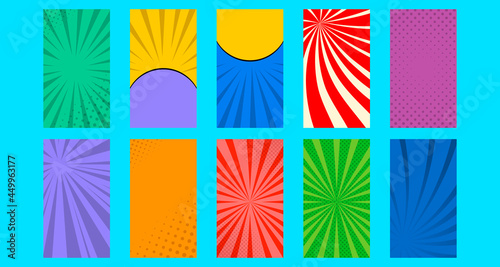 Set collection blank comic cartoon background template for social media story or stories banner in multicolor background and different halftone, sun rays effect