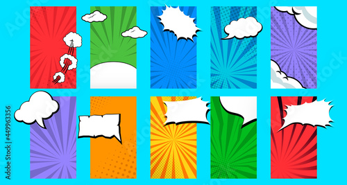 Set collection blank comic cartoon background template for social media story or stories banner in multicolor background, halftone, sun rays effect and bubble text.