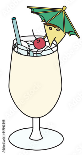 Stylish hand-drawn doodle cartoon style vector illustration. Sweet Caribbean Pina colada cocktail garnished with pineapple, cherry and umbrella. For bar menu or alcohol cook book recipe
