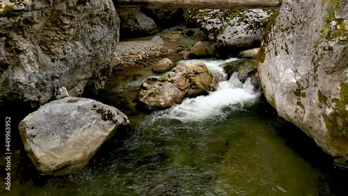 Low, slow flight over a mountain river upstream. Wildlife In Bulgaria. Blue cold water of a mountain river.