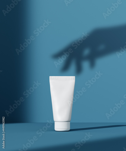 Cosmetic product display with elegant female hand shadow, color podium for skin care product presentation, 3d rendering