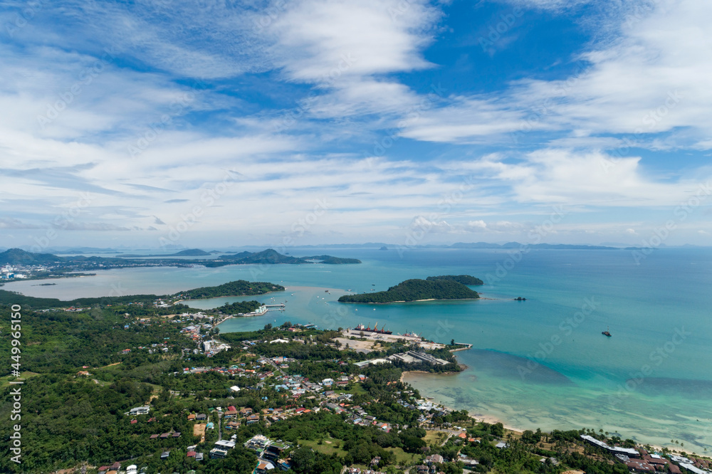 High angle view Phuket island and harbor located in Phuket Thailand aerial view drone top down Amazing nature view landscape Beautiful sea surface.