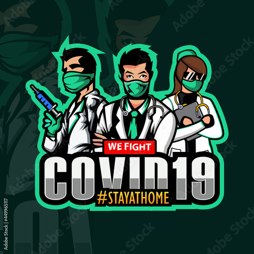 a set mascot character COVID-19 prevention. Doctor team wearing surgical face mask fighting with sign "Stop COVID-19 and Fight Virus", Idea for corona virus outbreak, prevention and aware