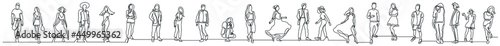 continuous line drawing of group of various regular diverse people standing in a row