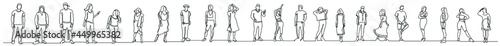 continuous line drawing of group of various regular diverse people standing in a row