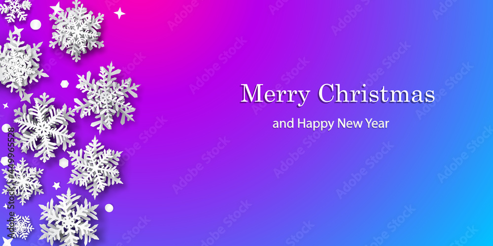 Christmas background of paper snowflakes with soft shadows, white on blue and purple background