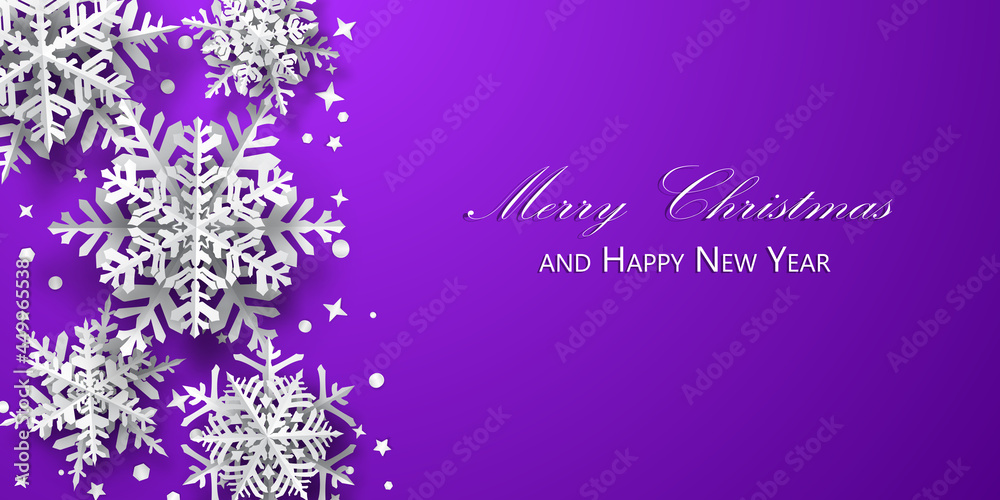 Christmas background of paper snowflakes with soft shadows, white on purple background Christmas background of paper snowflakes with soft shadows, white on purple background