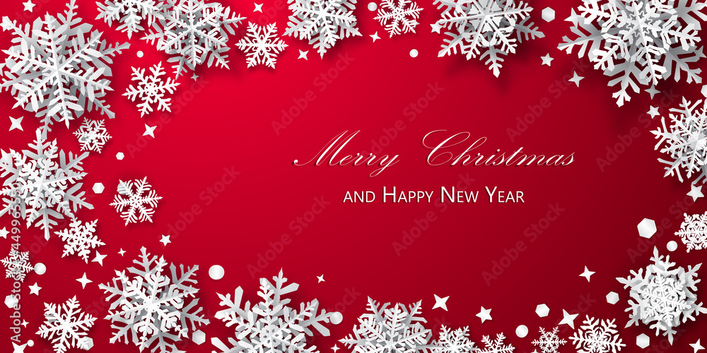 Christmas background of paper snowflakes with soft shadows, white on red background