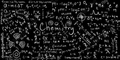 Fotografija Abstract blackboard background filled with hand-drawn chemistry formulas, equations, and scientific doodles