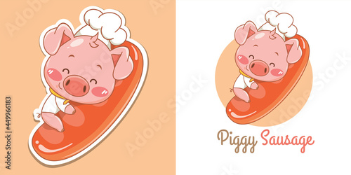 Cute pig chef mascot logo hugging sausage