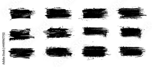 Broad strokes of paint, ink splashen, brushstroke. Black paint splatter with dirt stain and spray splash. Brush stroke with drops blots isolated on white background. Vector dirty strokes silhouette