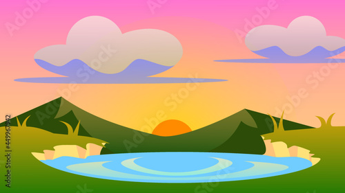 swamp or river with grass in the sunset  mountain background  camping  traveling 