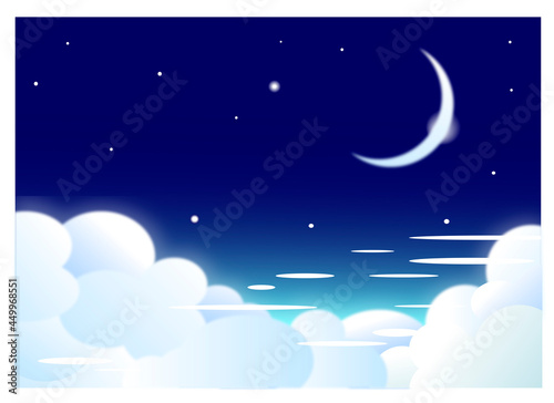 雲海が広がり癒される月夜の背景イラスト
