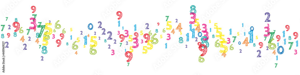 Falling colorful orderly numbers. Math study concept with flying digits. Positive back to school mathematics banner on white background. Falling numbers vector illustration.