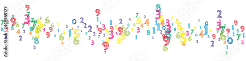 Falling colorful orderly numbers. Math study concept with flying digits. Positive back to school mathematics banner on white background. Falling numbers vector illustration.