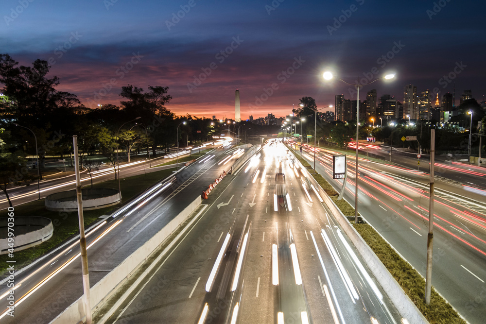 Sao Paulo, Brazil, July 19, 2021. Traffic on 23 de Maio Avenue, near of Ibirapuera Park, in Sao Paulo