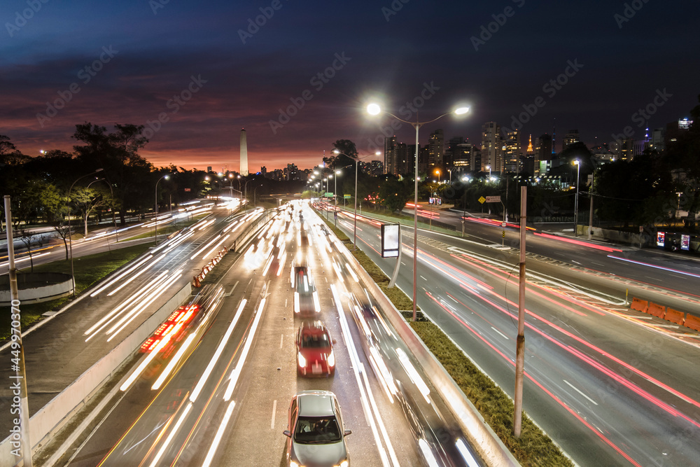 Traffic on 23 de Maio Avenue, near of Ibirapuera Park, in Sao Paulo