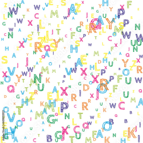 Falling letters of English language. Bright handdrawn flying words of Latin alphabet. Foreign languages study concept. Grand back to school banner on white background.