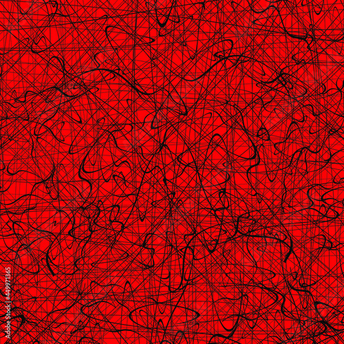 Black chaotic lines on a red background. Hand drawn lines. Tangled chaotic pattern. Vector illustration.