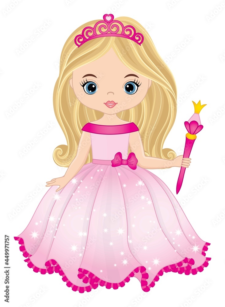 Vector Beautiful Princess Wearing Pink Dress and Tiara and Holding Magic Wand. Vector Princess Vector Beautiful Princess Wearing Pink Dress and Tiara and Holding Magic Wand. Vector Princess