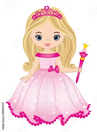 Vector Beautiful Princess Wearing Pink Dress and Tiara and Holding Magic Wand. Vector Princess