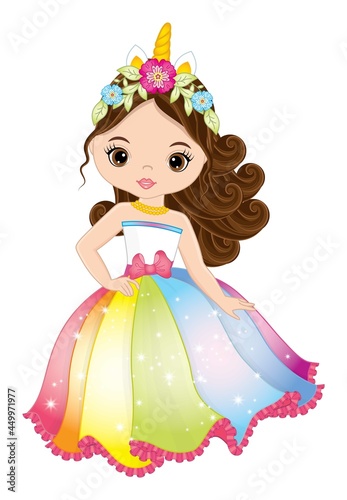 Beautiful Young Unicorn Girl Wearing Long Rainbow Dress and Horn with Flowers. Vector Unicorn Girl