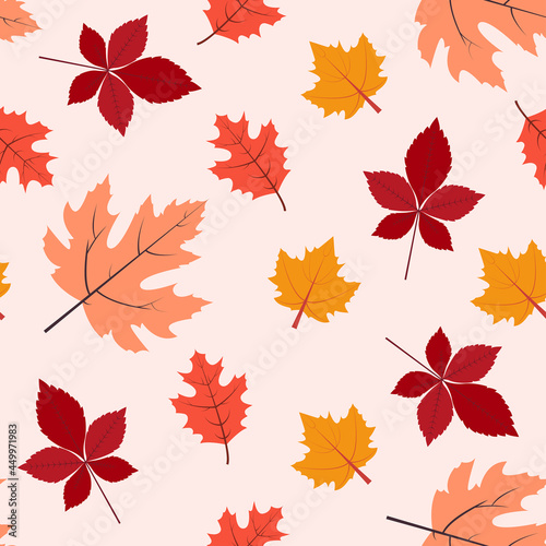 Autumn leaves. Seamless pattern in flat design Colorful fallen maple leaves on light pink background