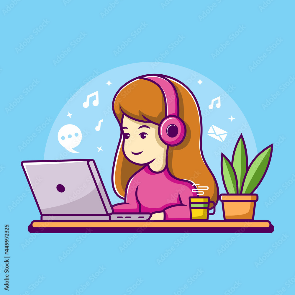 Woman working on laptop illustration. work from home cartoon character Woman working on laptop illustration. work from home cartoon character