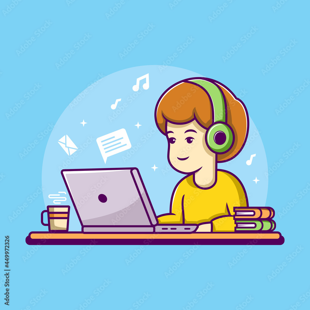 Man working on laptop illustration. work from home cartoon character Man working on laptop illustration. work from home cartoon character
