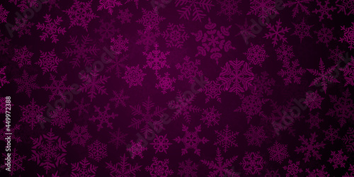 Background of complex translucent Christmas snowflakes in purple colors. Winter illustration with falling snow