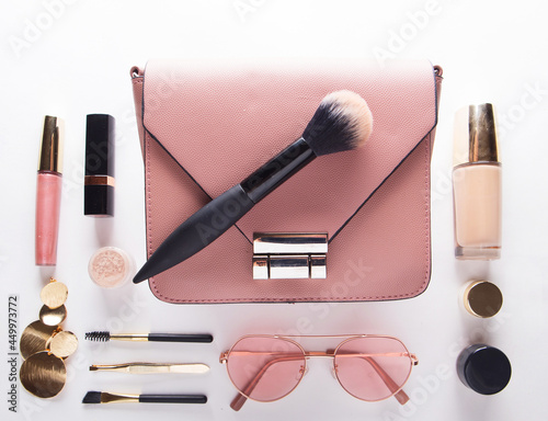 Women Fashion Bag and Accessories for Women make up And jewelry Beauty concept.
