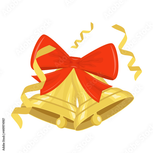 Festive pair of golden bells with red bow and serpentine. Vector illustration