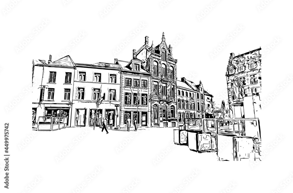 Building view with landmark of Halle is a city in central Germany. Hand drawn sketch illustration in vector.