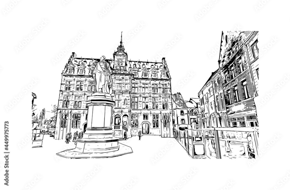 Building view with landmark of Halle is a city in central Germany. Hand drawn sketch illustration in vector.