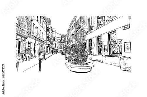 Building view with landmark of Halle is a city in central Germany. Hand drawn sketch illustration in vector.