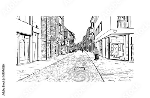 Building view with landmark of Halle is a city in central Germany. Hand drawn sketch illustration in vector.