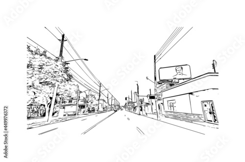 Building view with landmark of Hamilton is the capital city of Bermuda. Hand drawn sketch illustration in vector. © dhanu3182