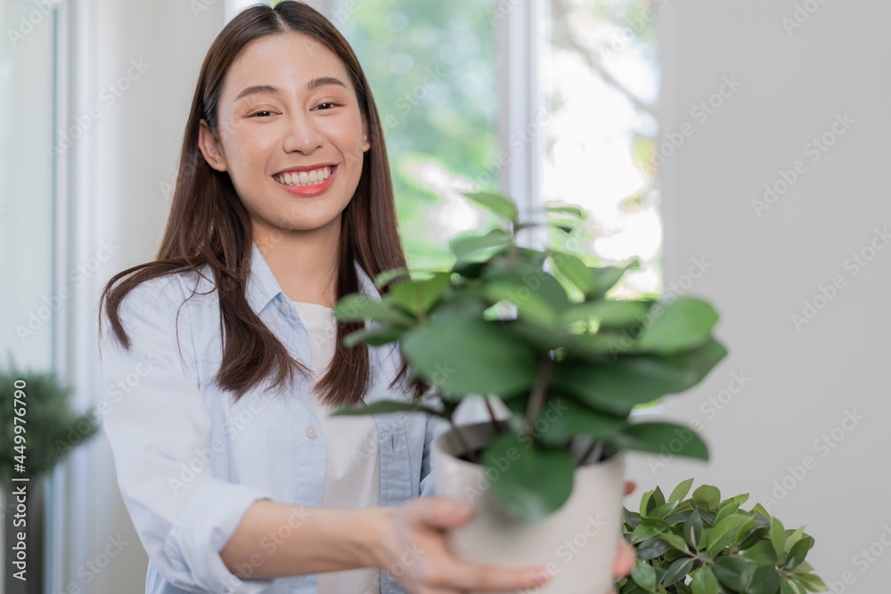 Happy asian young woman, customer received, unpack package carton open parcel in cardboard box, holding ceramic plant pot. Moving, preparing in new house, relocation. Online shop delivery at home. Happy asian young woman, customer received, unpack package carton open parcel in cardboard box, holding ceramic plant pot. Moving, preparing in new house, relocation. Online shop delivery at home.