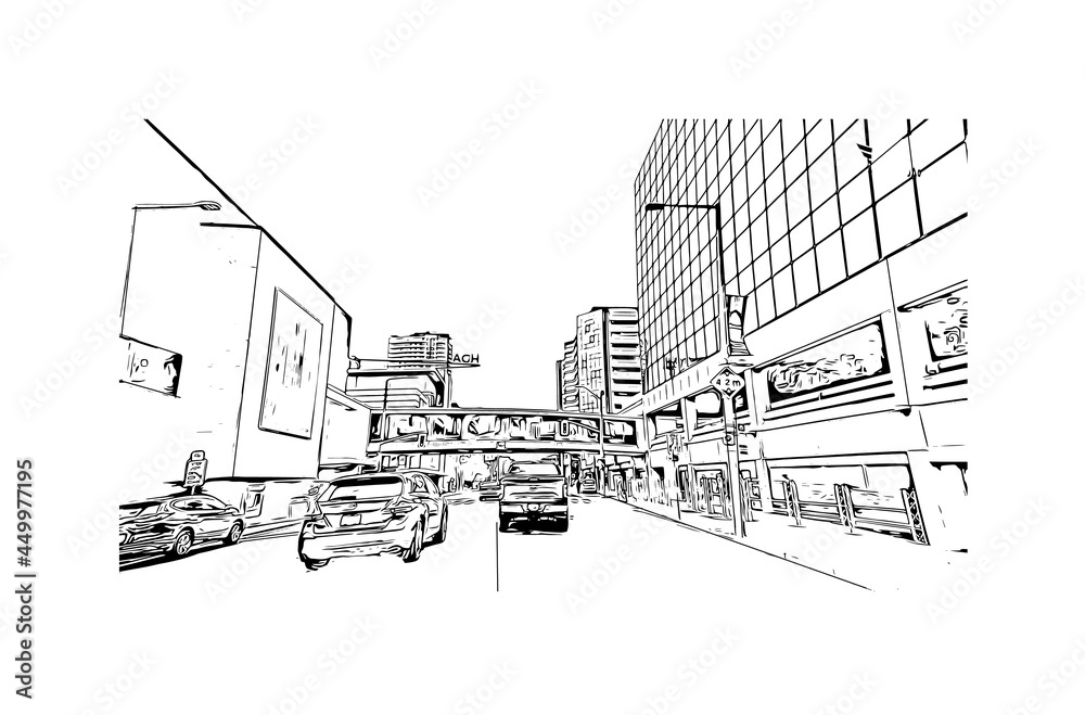 Building view with landmark of Hamilton is the capital city of Bermuda. Hand drawn sketch illustration in vector.