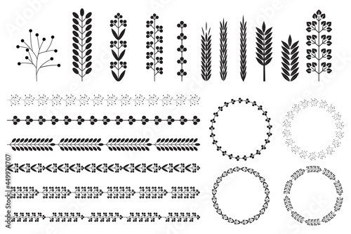 Wreaths spikelets set pattern for decorative design. Ear icon. Floral branch. Wedding decoration. Vector illustration. Stock image.