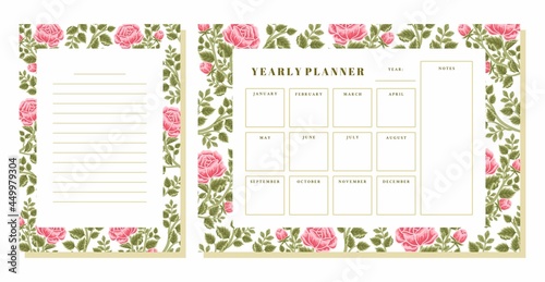 Set of printable floral yearly planner, note, memo vector template with rose, peony flowers, botanical leaf elements for school scheduler, seasonal events, reminder, bullet journal, journaling
